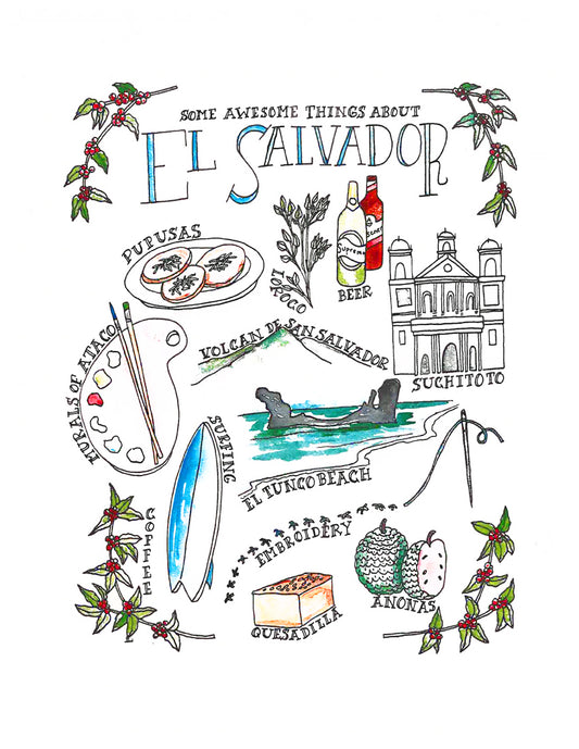 El Salvador Cultural Art Print, Hand-Drawn Illustrations, Landmarks Wall Decor