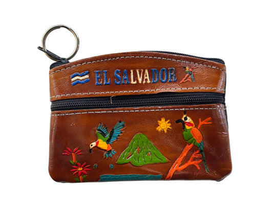 Cartera o Monedera con diseño de volcanes y aves de El Salvador