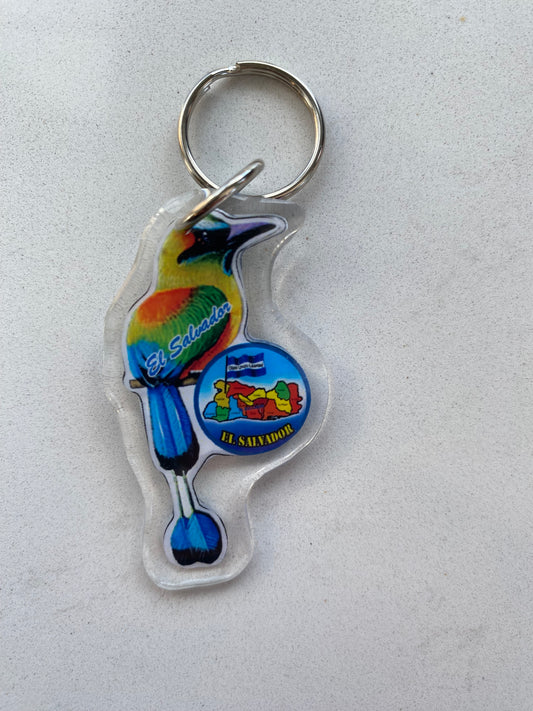 Keychain with colorful design on a gray background