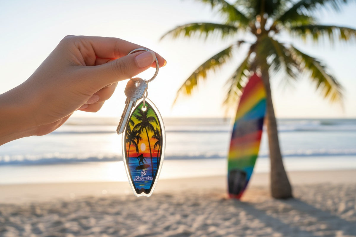 Mano agarrando un llavero de el salvador con diseño de una tabla de surf salvadoreño.