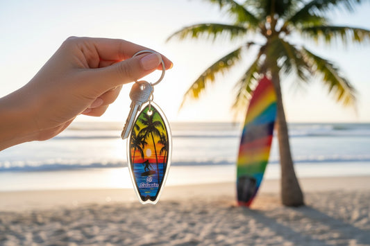 Mano agarrando un llavero de el salvador con diseño de una tabla de surf salvadoreño.