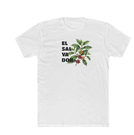 Camiseta blanca con texto de "El Salvador". El diseño tiene una planta de grano de café salvadoreño