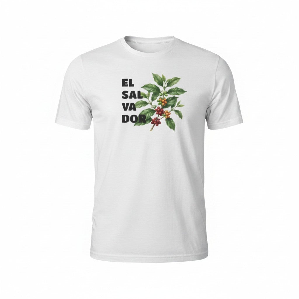 Camiseta blanca con texto de "El Salvador". El diseño tiene una planta de grano de café salvadoreño