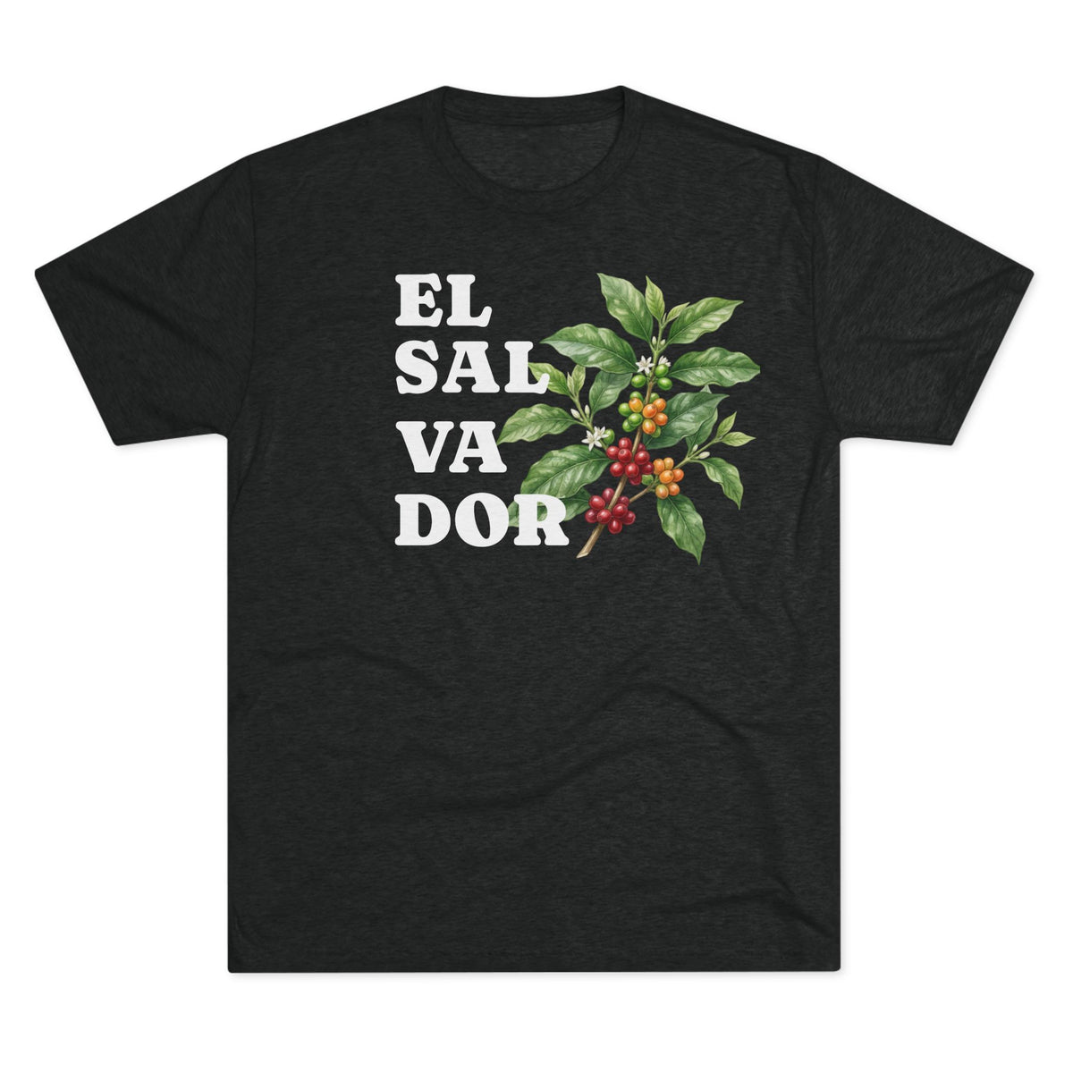 Camiseta negra con texto de "El Salvador". El diseño tiene una planta de grano de café salvadoreño
